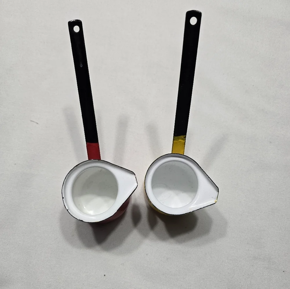MCM Red and Yellow Metal Enamelware Poland Butter Warmer Small Pots Vintage